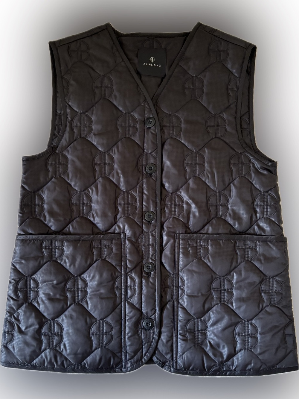 Anine Bing Quilted Black Button-Up Vest with Logo Stitching